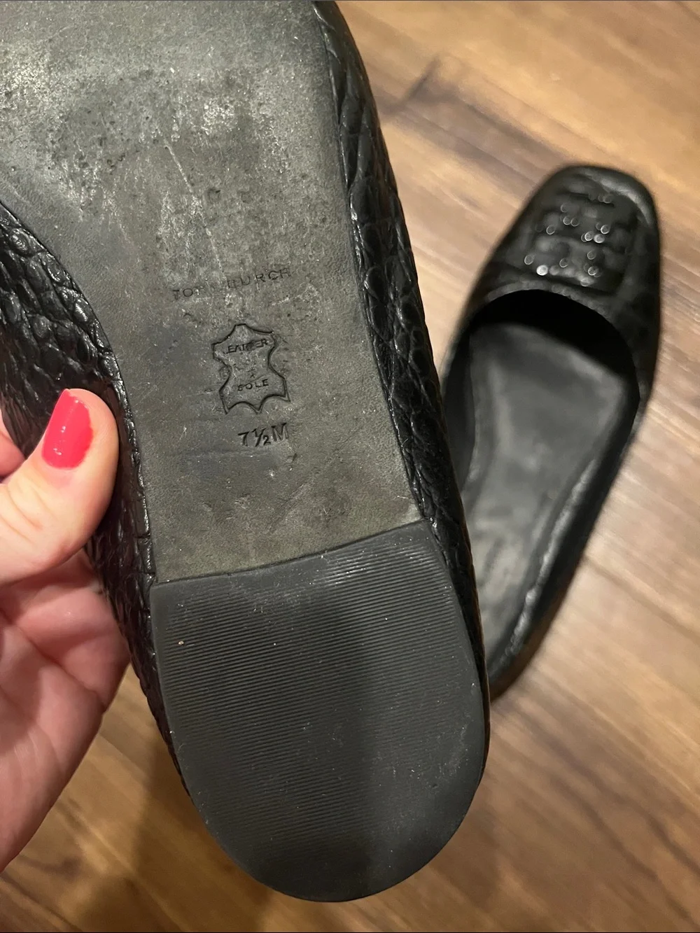 Tory Burch Georgia Square-Toe Black Croc-Embossed Logo Ballet Flats